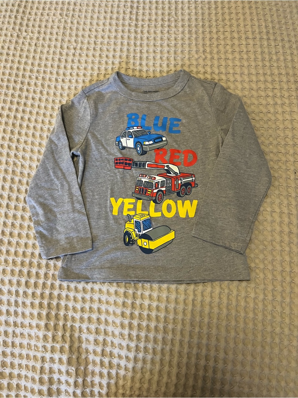 5 for $10 Gray Kids Tee with Colorful Vehicle Prints - Blue Red Yellow